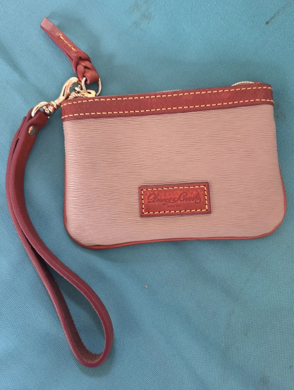 Dooney & Bourke Grey Clutch with Brown Leather Trim Wristlet, Key Ring